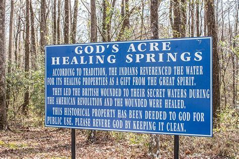 God's acre healing springs - A few people in South Carolina are aware of the healing springs called “Gods Acre,” but not many people know that we have a free state park that has four different free-flowing springs that flow 24-hours a day, 365 days a year.True, no one claims these artesian waters have mystical healing powers, but they’re still very interesting and …